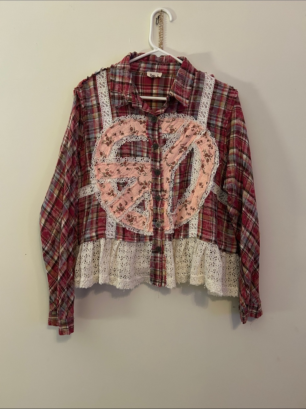POL Red Plaid Button-Down Shirt with Pink Peace Patch and Lace Trim